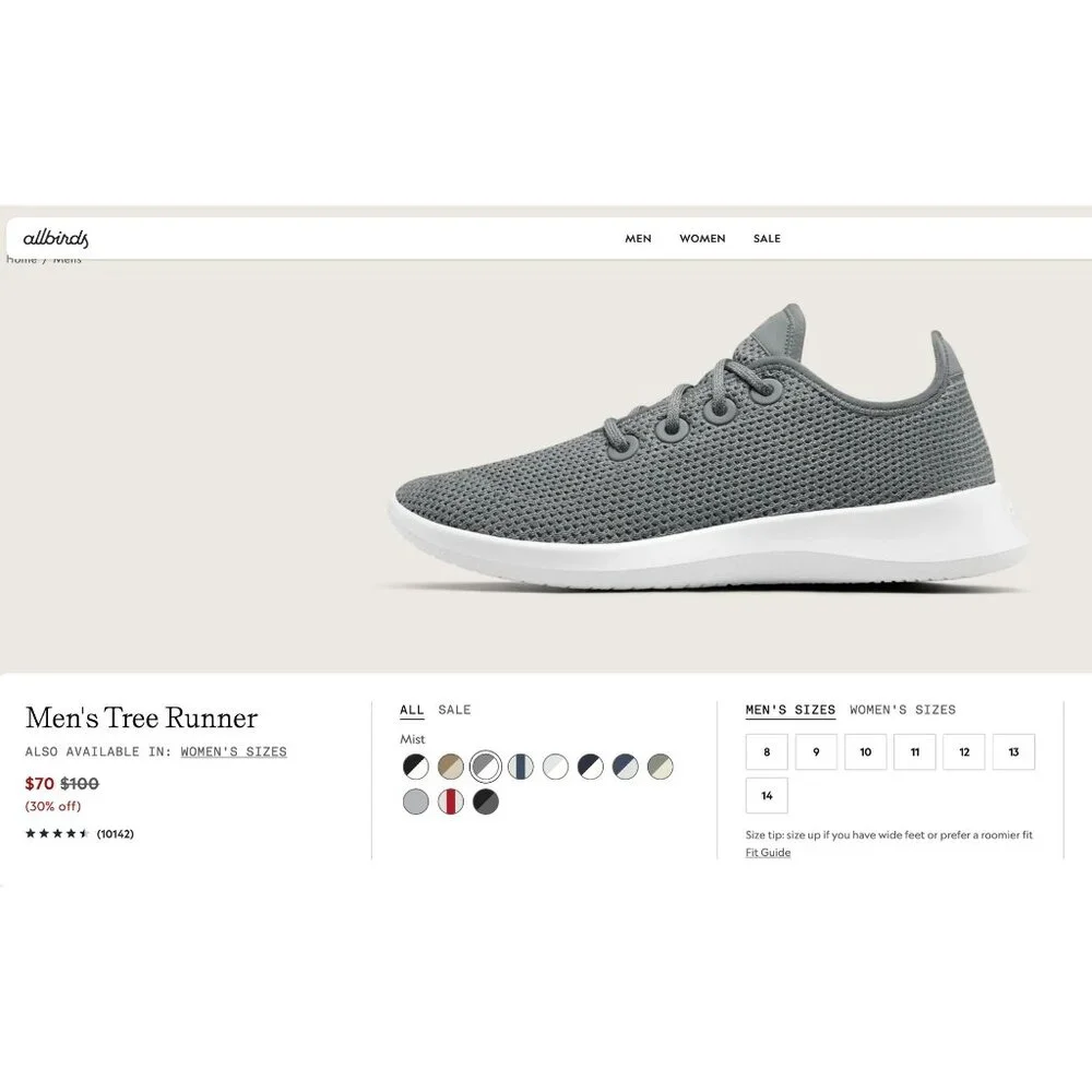 Allbirds‎ Men's Tree Runner Gray Mist Shoes Everyday Sneakers Size 8 Washable